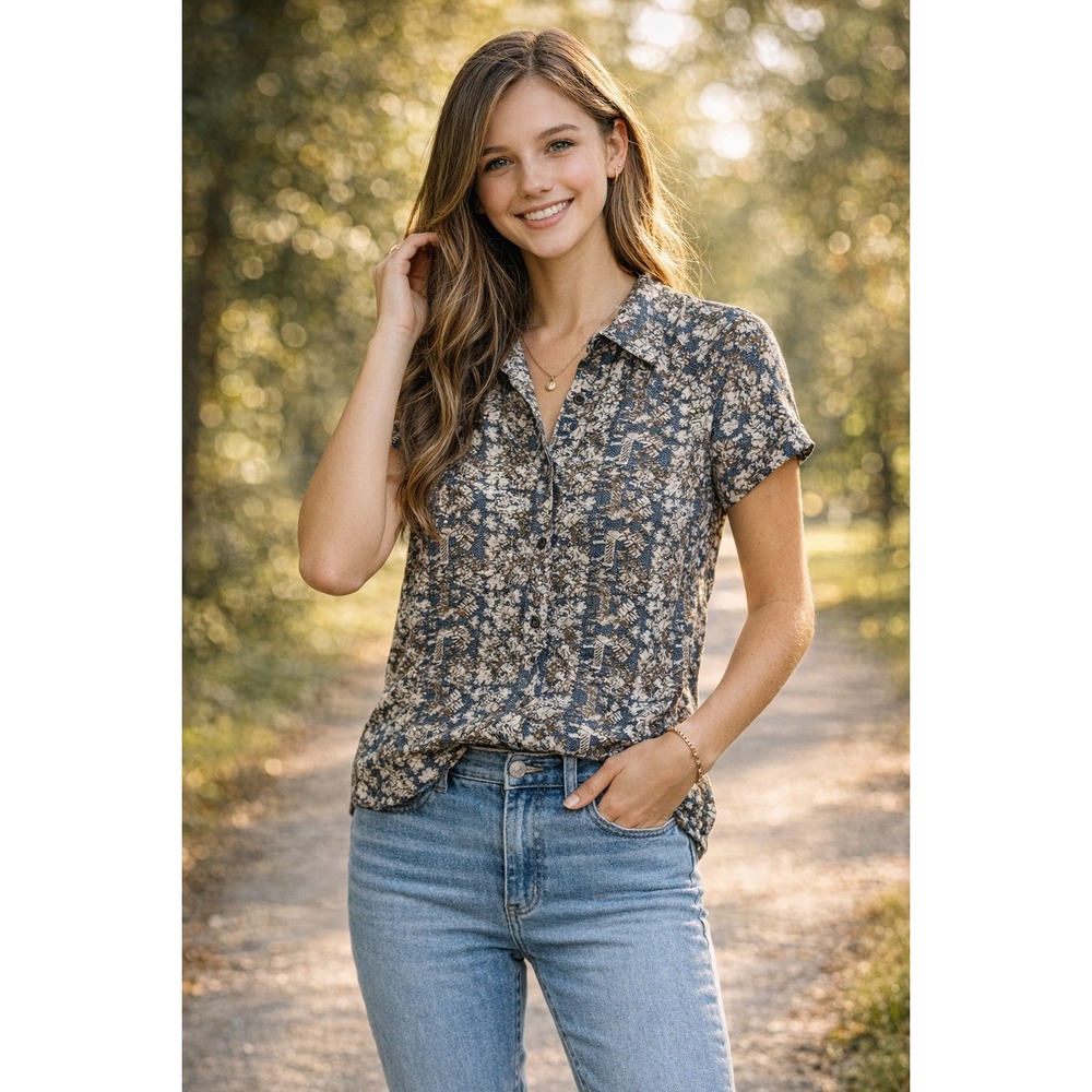 Claudia Richard Shirt Womens Medium Blue Brown Geo Button Down Short Sleeve